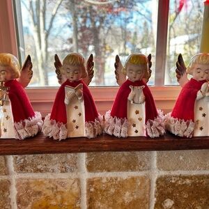 Vintage 1950 flocked ceramic Angel Figurines MINT Japan